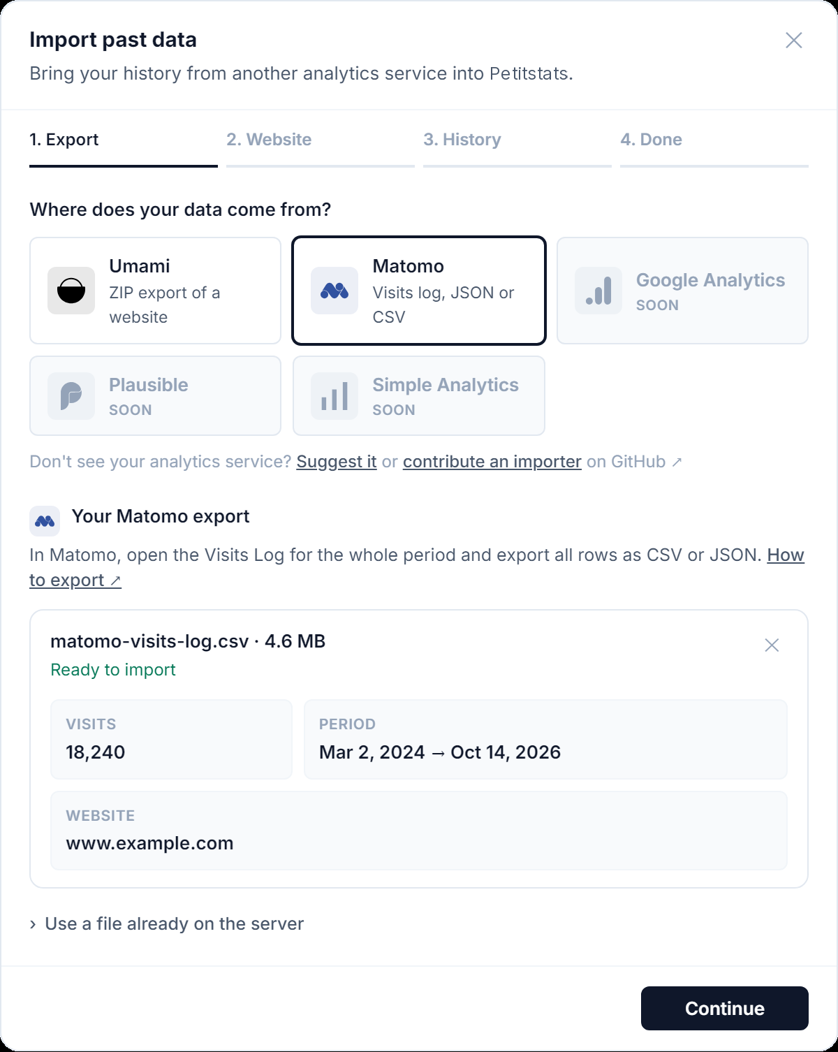 The import window with a Matomo export ready, showing its number of visits, period and website