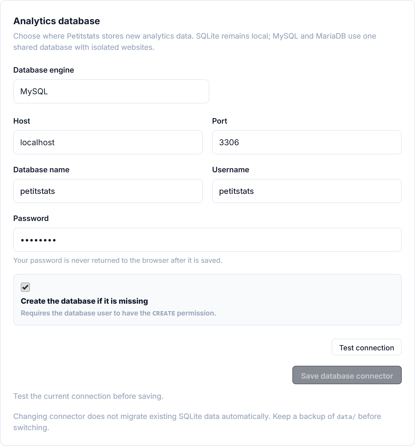 Settings → Database, filled in for a MySQL database