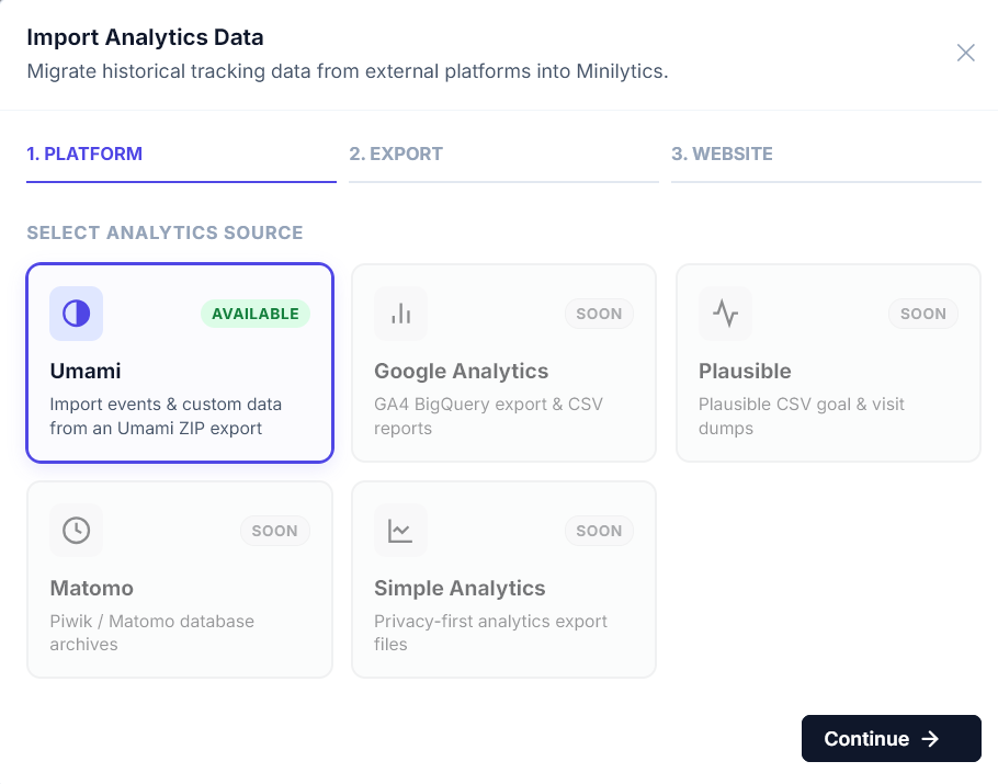 Minilytics data import interface supporting Umami, Google Analytics, Plausible, and Matomo